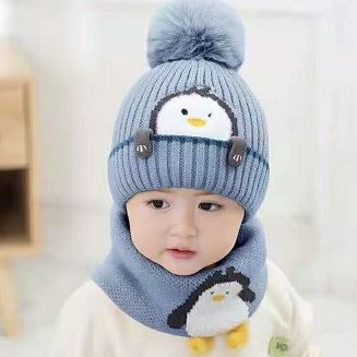 帽子・スカーフ・ペンギンのかわいいデザインポンポンニットセット